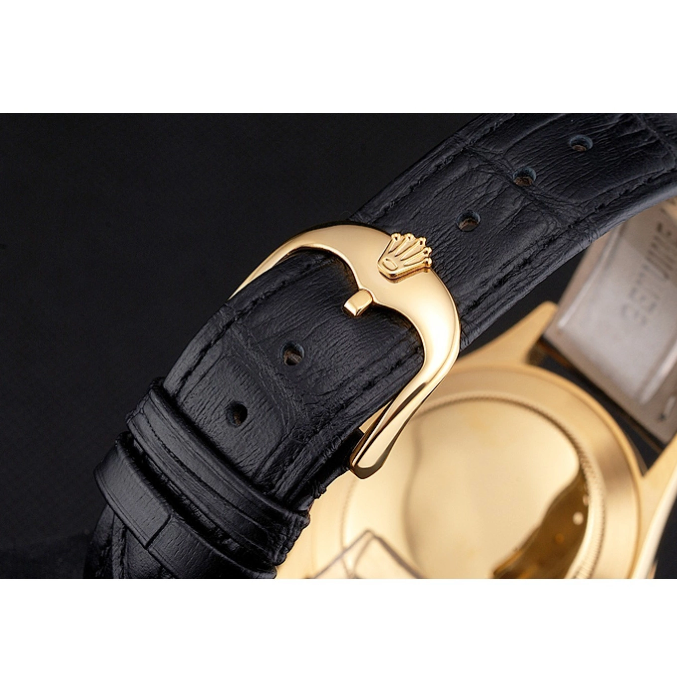 AAA replica watch Case Gold Swiss Black Leather Strap Datejust Black Dial Rolex 0728